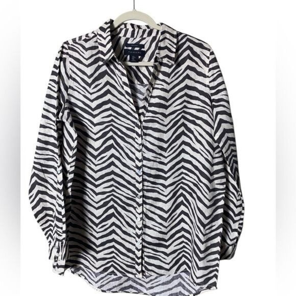 Tahari Womens Linen Button Down Medium Lagenlook Oversized Animal Print Zebra - Picture 2 of 7